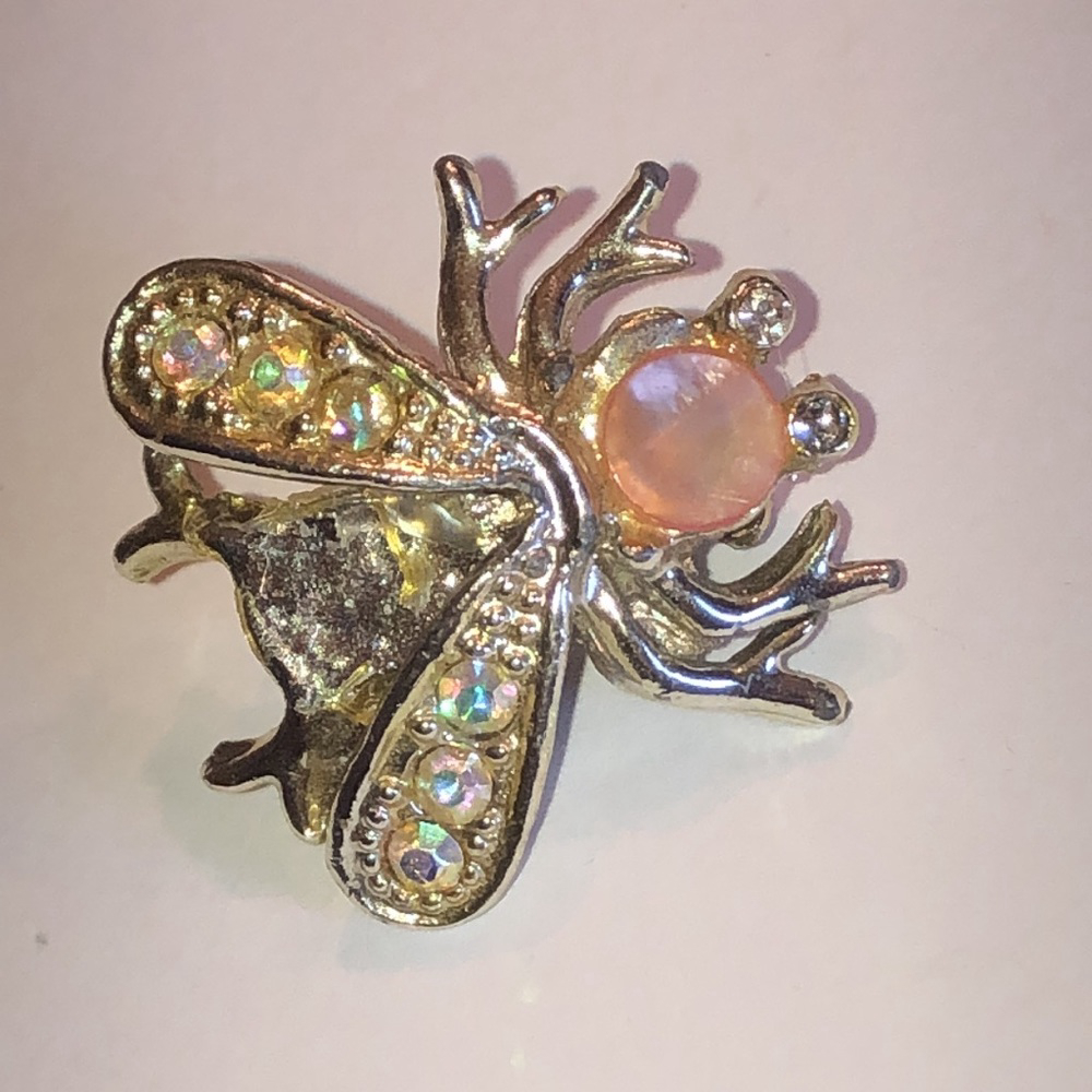 Vintage Silver Tone AB Rhinestones Bee Insect Bug Brooch Shoulder Pin